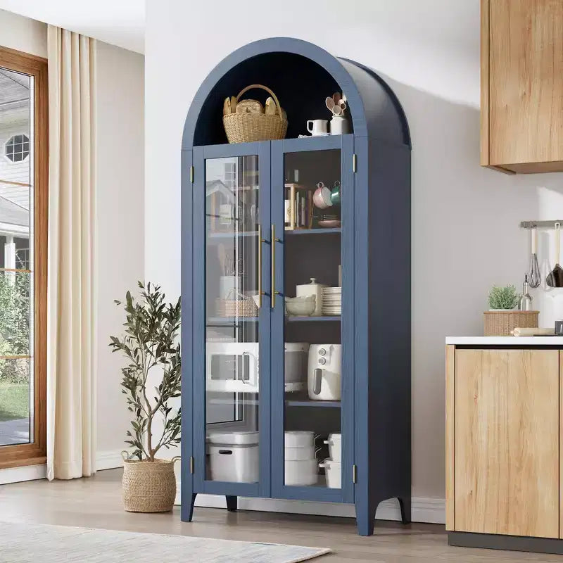 Arched Farmhouse 5-Tier Kitchen Pantry Cabinet with 2 Glass Doors and Adjustable Shelf