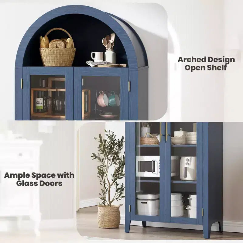 Arched Farmhouse 5-Tier Kitchen Pantry Cabinet with 2 Glass Doors and Adjustable Shelf