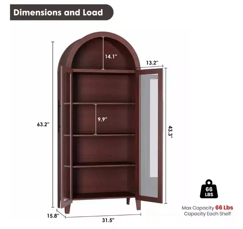 Arched Farmhouse 5-Tier Kitchen Pantry Cabinet with 2 Glass Doors and Adjustable Shelf