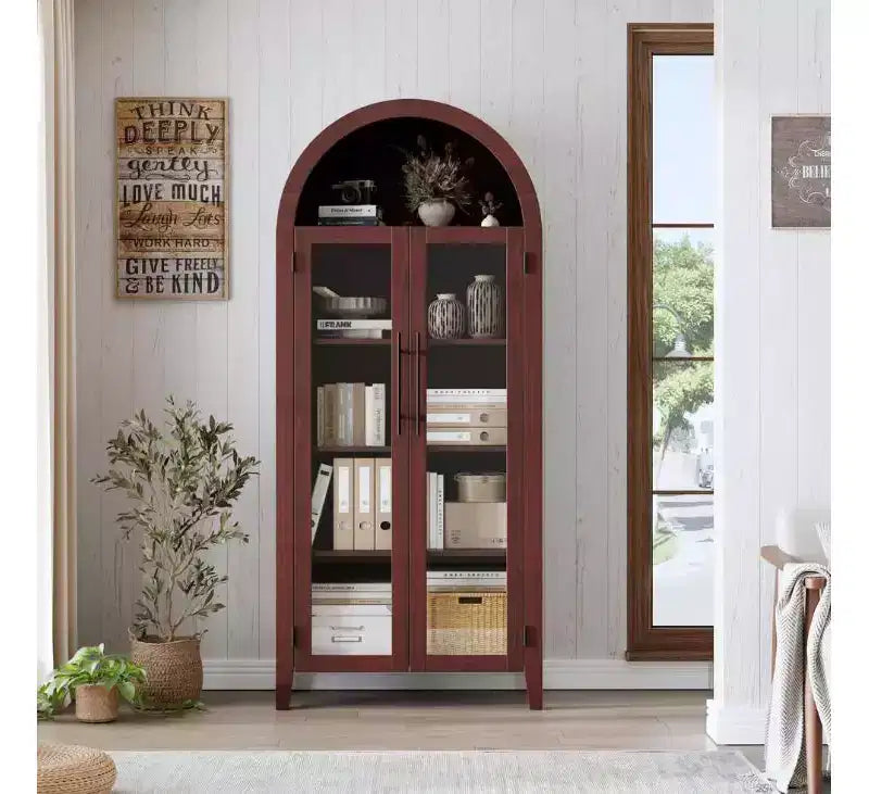 Arched Farmhouse 5-Tier Kitchen Pantry Cabinet with 2 Glass Doors and Adjustable Shelf
