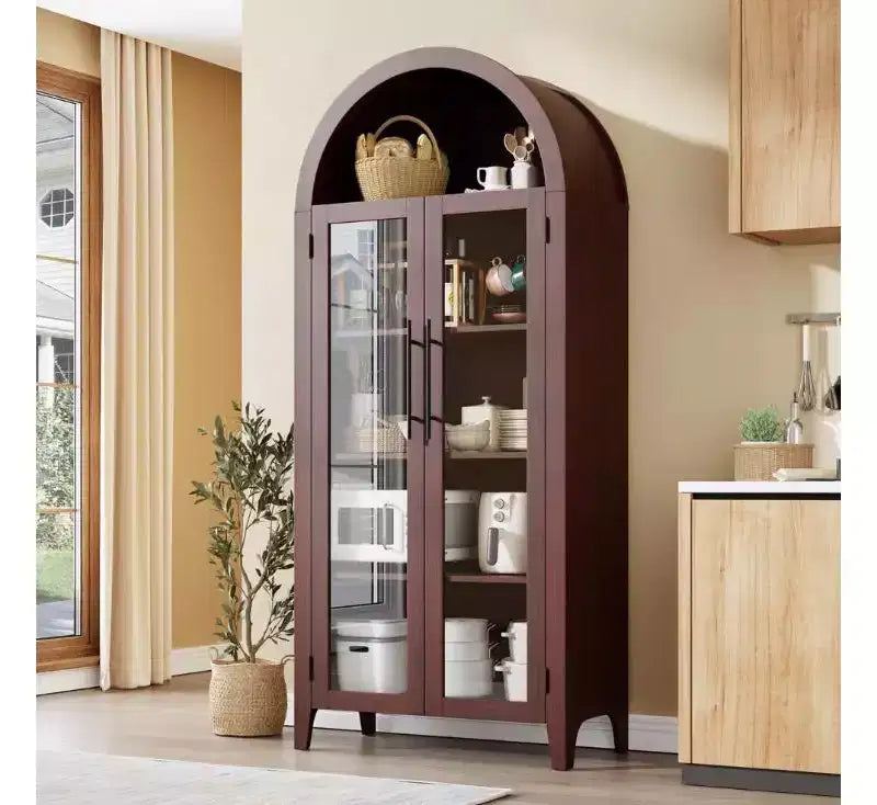 Arched Farmhouse 5-Tier Kitchen Pantry Cabinet with 2 Glass Doors and Adjustable Shelf