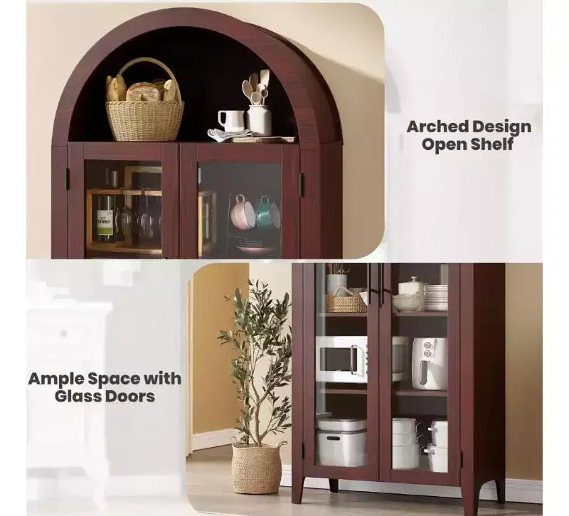 Arched Farmhouse 5-Tier Kitchen Pantry Cabinet with 2 Glass Doors and Adjustable Shelf
