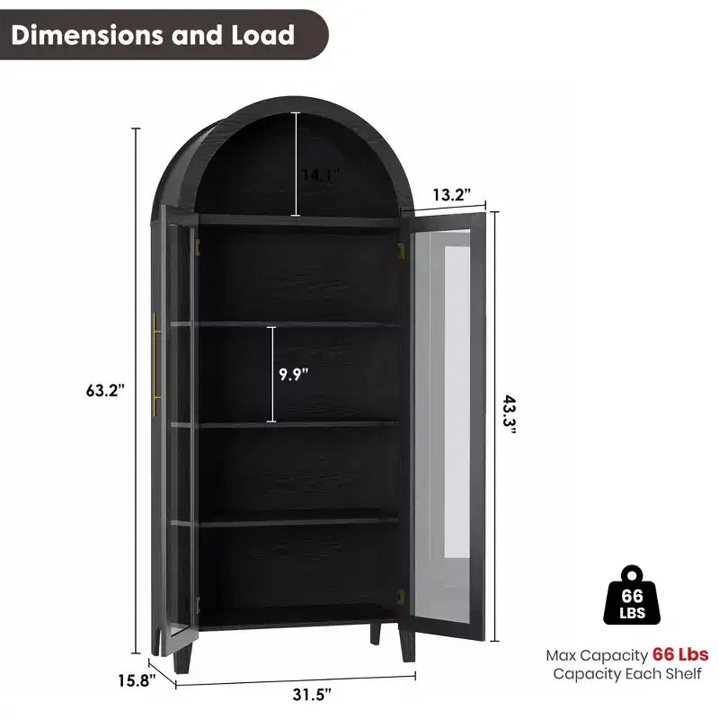 Arched Farmhouse 5-Tier Kitchen Pantry Cabinet with 2 Glass Doors and Adjustable Shelf