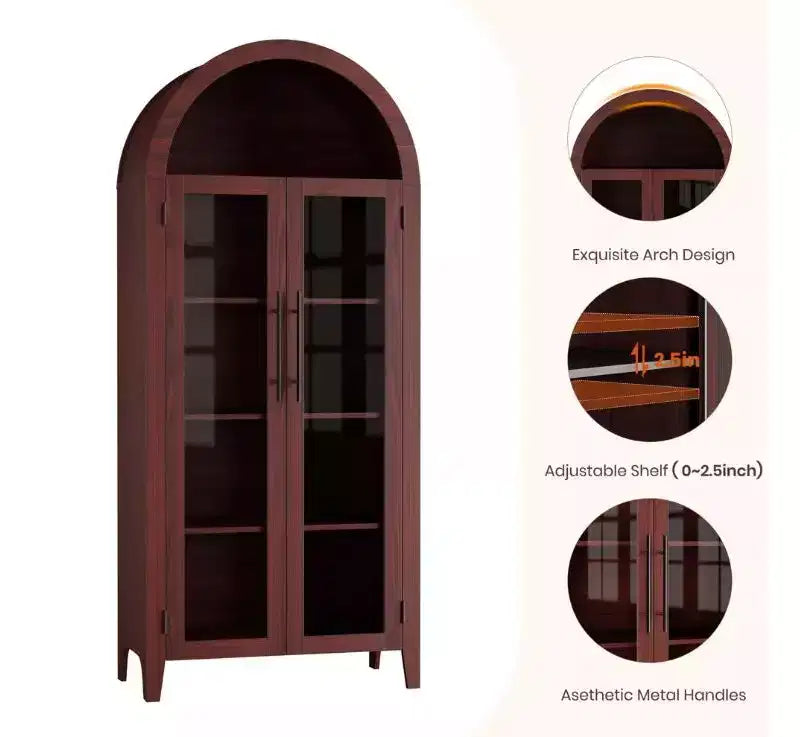 Arched Farmhouse 5-Tier Kitchen Pantry Cabinet with 2 Glass Doors and Adjustable Shelf