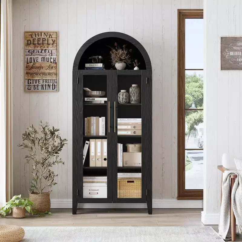 Arched Farmhouse 5-Tier Kitchen Pantry Cabinet with 2 Glass Doors and Adjustable Shelf