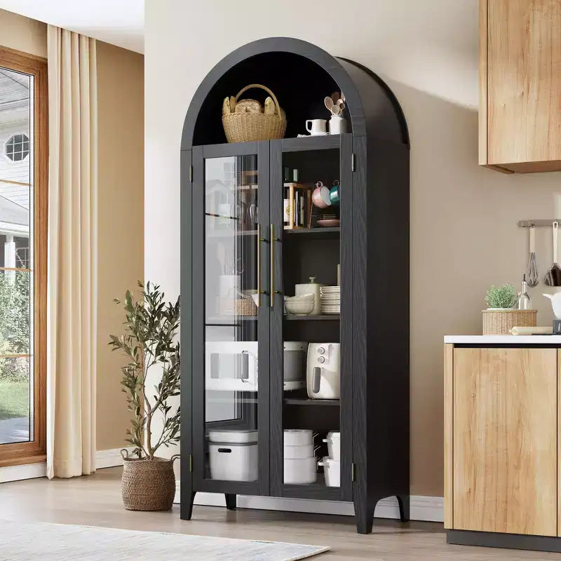 Arched Farmhouse 5-Tier Kitchen Pantry Cabinet with 2 Glass Doors and Adjustable Shelf