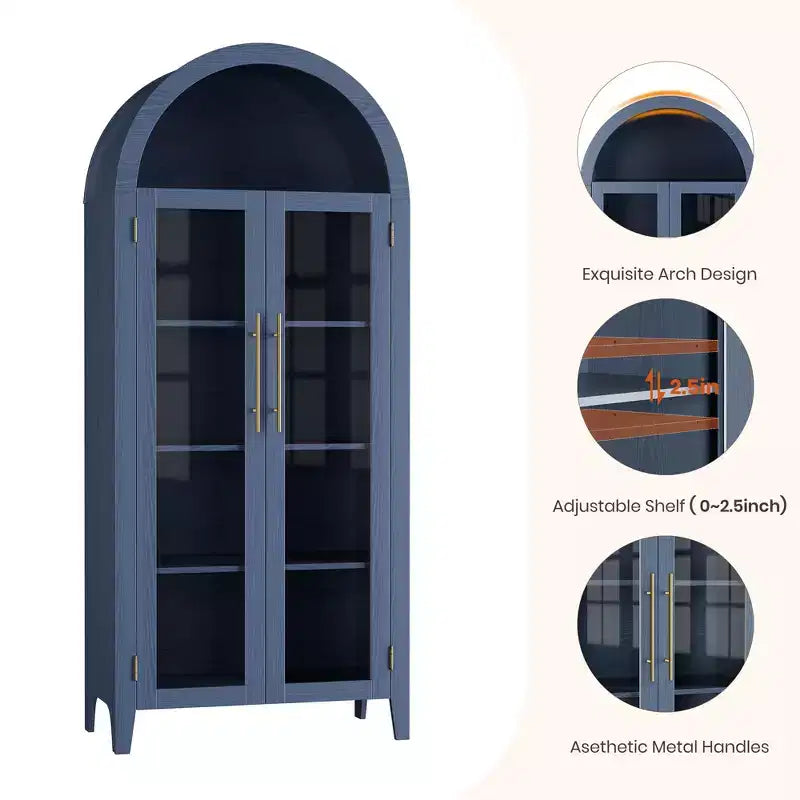 Arched Farmhouse 5-Tier Kitchen Pantry Cabinet with 2 Glass Doors and Adjustable Shelf