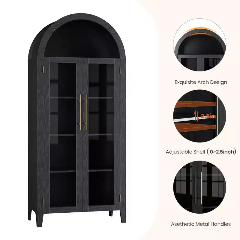 Arched Farmhouse 5-Tier Kitchen Pantry Cabinet with 2 Glass Doors and Adjustable Shelf