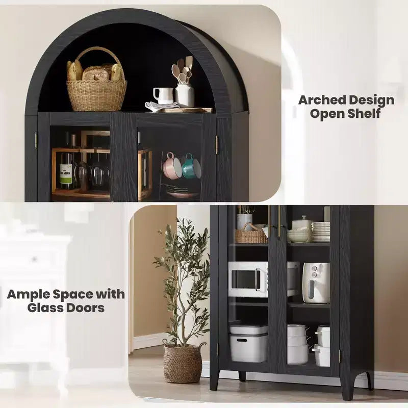 Arched Farmhouse 5-Tier Kitchen Pantry Cabinet with 2 Glass Doors and Adjustable Shelf