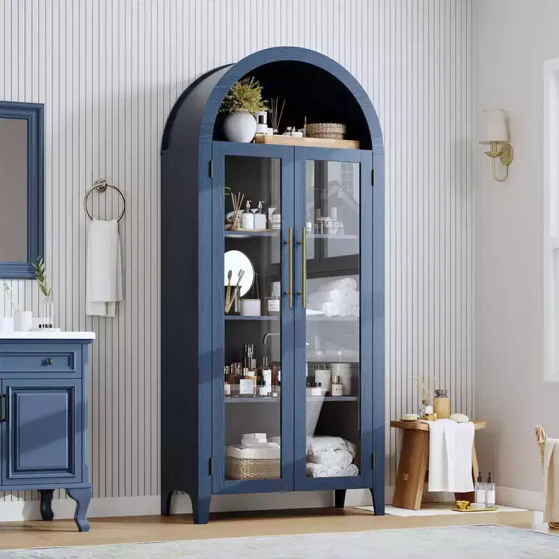 Arched Farmhouse 5-Tier Kitchen Pantry Cabinet with 2 Glass Doors and Adjustable Shelf