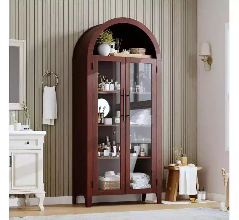 Arched Farmhouse 5-Tier Kitchen Pantry Cabinet with 2 Glass Doors and Adjustable Shelf