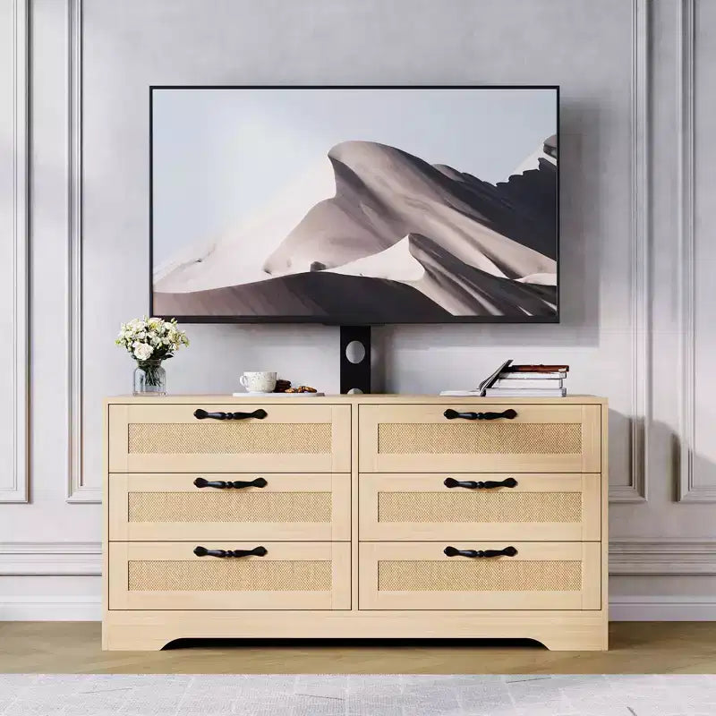 Tv-meubel met beugel voor 32-85 inch tv's, 6-laden rotan ladekast, mediaconsole met royale opbergruimte