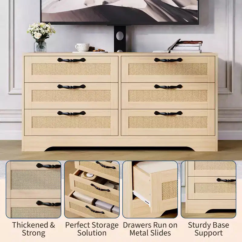 Tv-meubel met beugel voor 32-85 inch tv's, 6-laden rotan ladekast, mediaconsole met royale opbergruimte