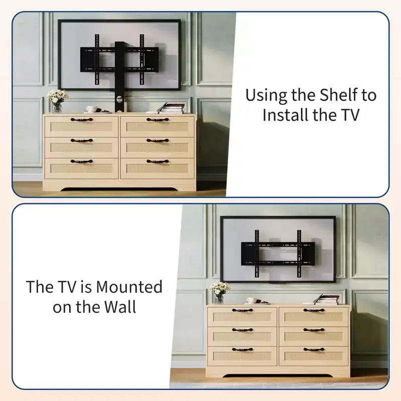 Tv-meubel met beugel voor 32-85 inch tv's, 6-laden rotan ladekast, mediaconsole met royale opbergruimte