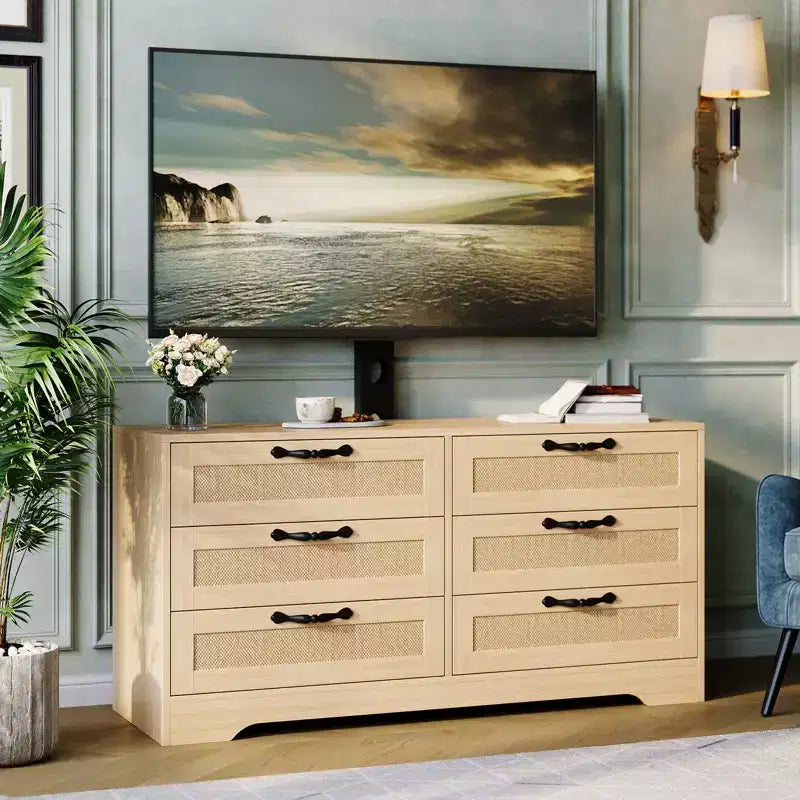 Tv-meubel met beugel voor 32-85 inch tv's, 6-laden rotan ladekast, mediaconsole met royale opbergruimte