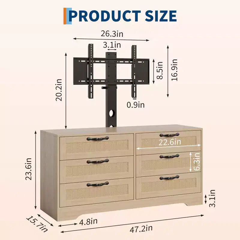 Tv-meubel met beugel voor 32-85 inch tv's, 6-laden rotan ladekast, mediaconsole met royale opbergruimte