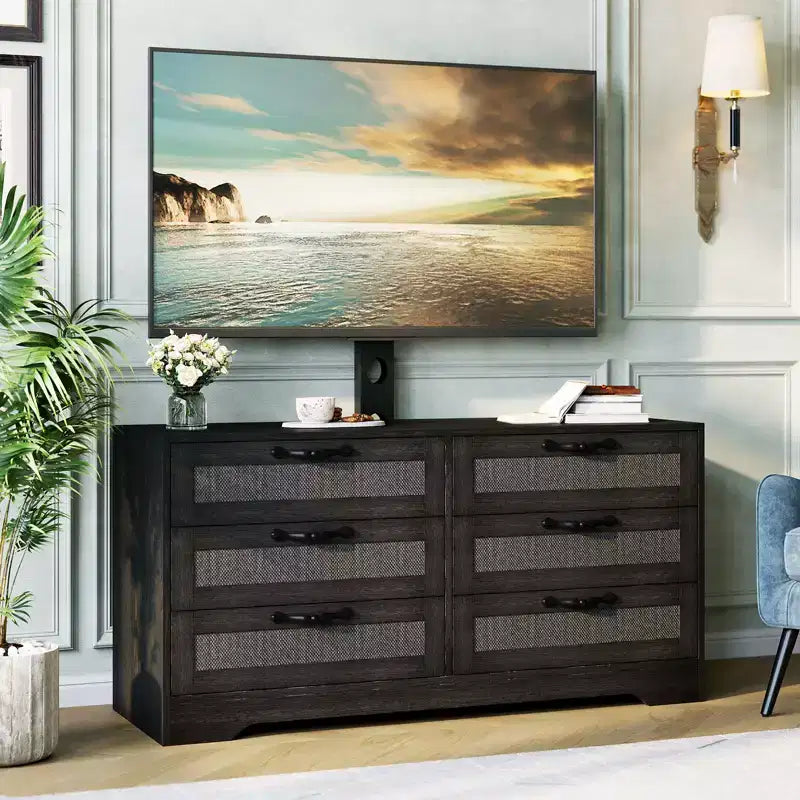 Tv-meubel met beugel voor 32-85 inch tv's, 6-laden rotan ladekast, mediaconsole met royale opbergruimte