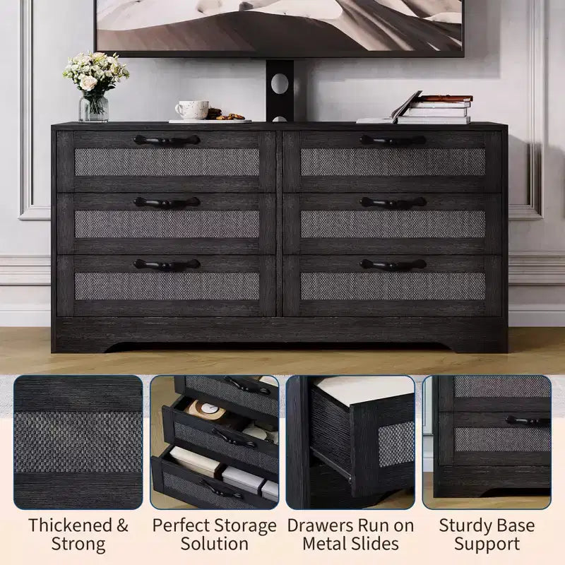 Tv-meubel met beugel voor 32-85 inch tv's, 6-laden rotan ladekast, mediaconsole met royale opbergruimte