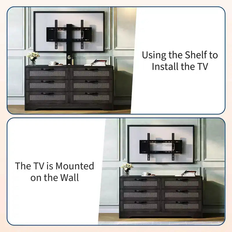 Tv-meubel met beugel voor 32-85 inch tv's, 6-laden rotan ladekast, mediaconsole met royale opbergruimte