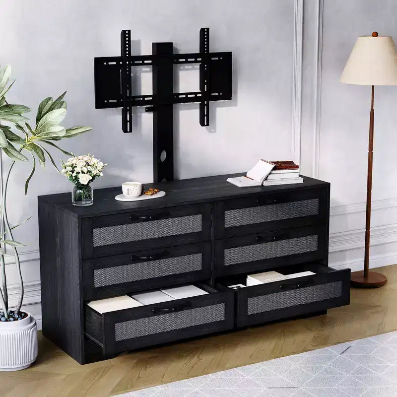 Tv-meubel met beugel voor 32-85 inch tv's, 6-laden rotan ladekast, mediaconsole met royale opbergruimte