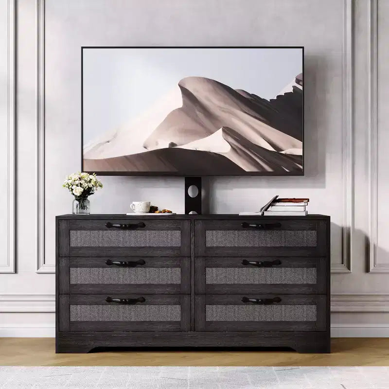 Tv-meubel met beugel voor 32-85 inch tv's, 6-laden rotan ladekast, mediaconsole met royale opbergruimte
