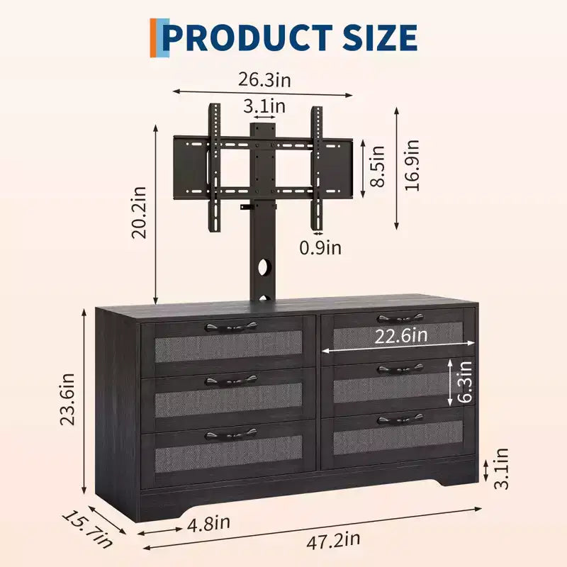 Tv-meubel met beugel voor 32-85 inch tv's, 6-laden rotan ladekast, mediaconsole met royale opbergruimte