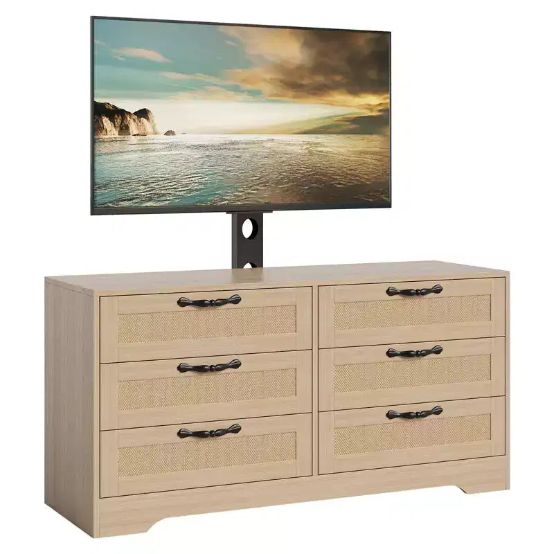TV Stand with Mount for 32-85 TVs  6-Drawer Rattan Dresser  Media Console with Generous Storage
