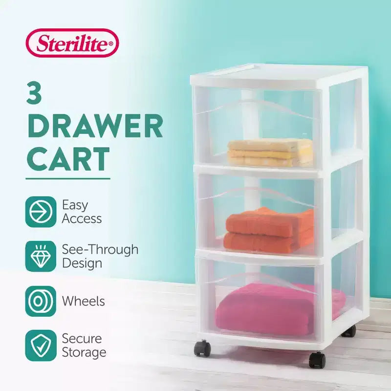 3-Drawer Plastic Rolling Storage Cart, White, 6-Pack Medium Organizer