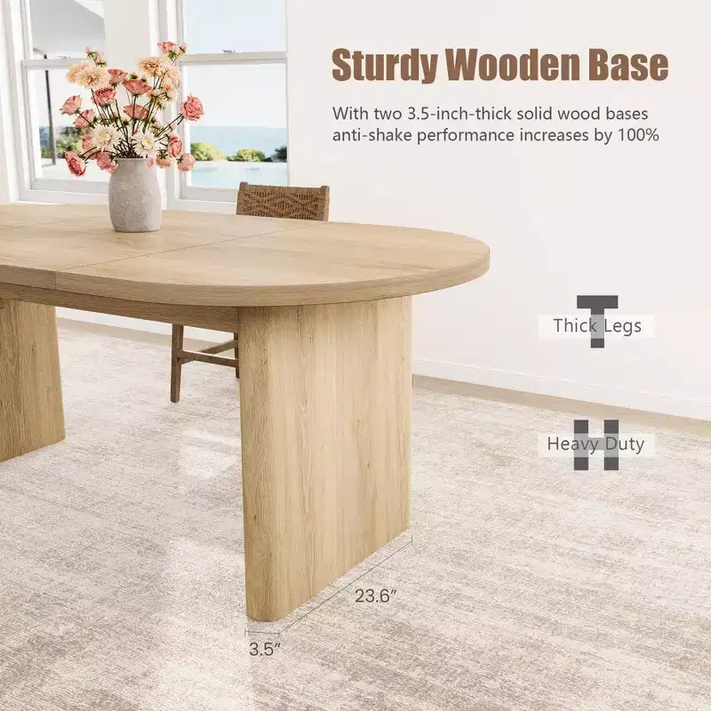 Rustic Farmhouse Oval Dining Table for 6-8, Wooden Kitchen Table with Rounded Base, Natural Wood