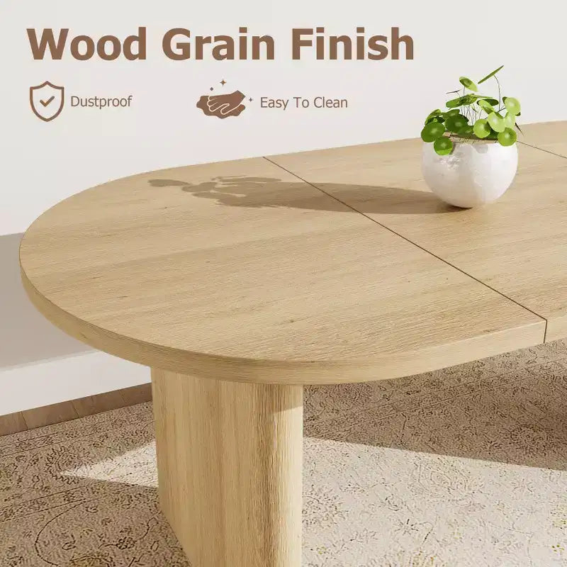 Rustic Farmhouse Oval Dining Table for 6-8, Wooden Kitchen Table with Rounded Base, Natural Wood