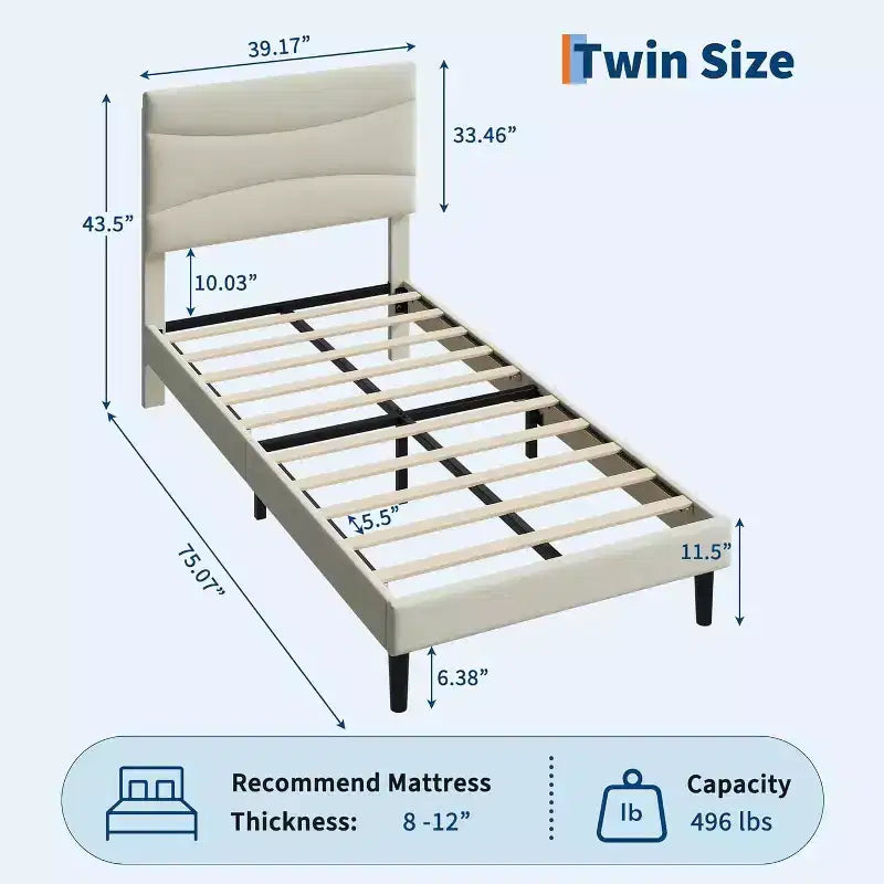 Twin Upholstered Platform Bed Frame with Headboard, Wood Slats, No Box Spring Needed