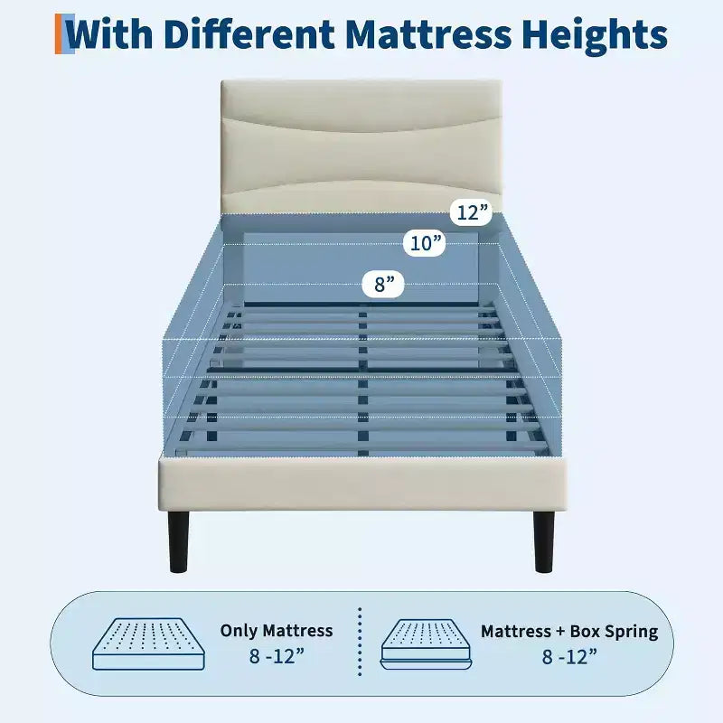Twin Upholstered Platform Bed Frame with Headboard, Wood Slats, No Box Spring Needed