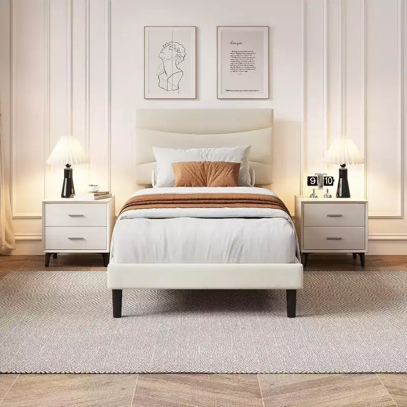 Twin Upholstered Platform Bed Frame with Headboard, Wood Slats, No Box Spring Needed
