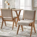 Set of 2 Mid-Century Solid Wood Dining Chairs, Beige and Light Oak