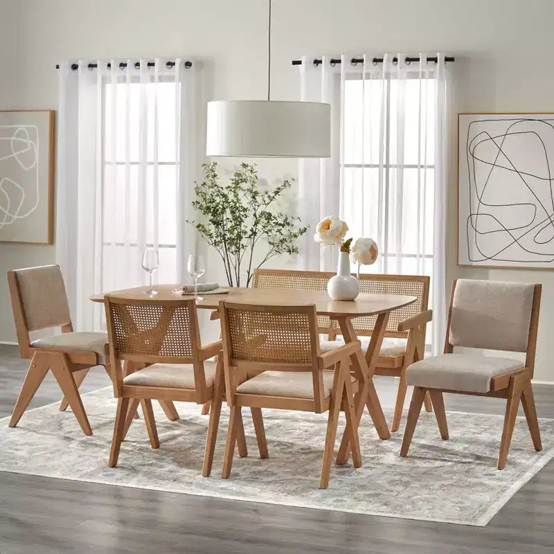 Set of 2 Mid-Century Solid Wood Dining Chairs, Beige and Light Oak
